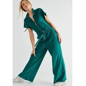 Free People Green Utility Zip-Front Jumpsuit XL Pockets Wide leg